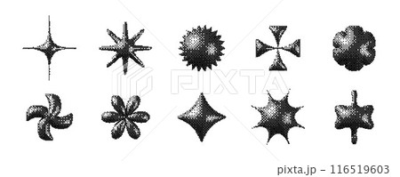 Pixelated 3d Y2K shape set. Bitmap stars, flowers, sparkles element collection. Retro 8 bit sticker form bundle for poster, banner, collage, graphic design, tattoo. Vector dither geometric object pack 116519603