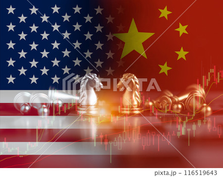 US America and China flags on chess on a chessboard, US and China trade war, USA and China trade relations, Symbol of tariff trade war tax barrier between United States of America and China. 116519643