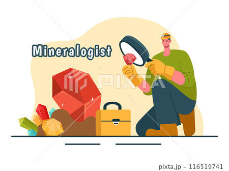 Vector Illustration of a Mineralogist with Natural Stone and Mineral Structures for Jewelry or Chemical Reactions in a Flat Style Cartoon Background Vector Illustration of a Mineralogist with Natural Stone and Mineral Structures for Jewelry or Chemical Reactions in a Flat Style Cartoon Background 116519741