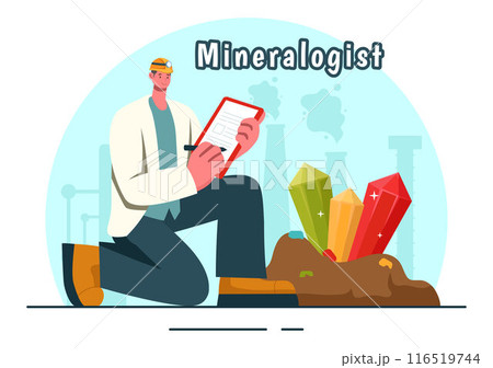 Vector Illustration of a Mineralogist with Natural Stone and Mineral Structures for Jewelry or Chemical Reactions in a Flat Style Cartoon Background 116519744