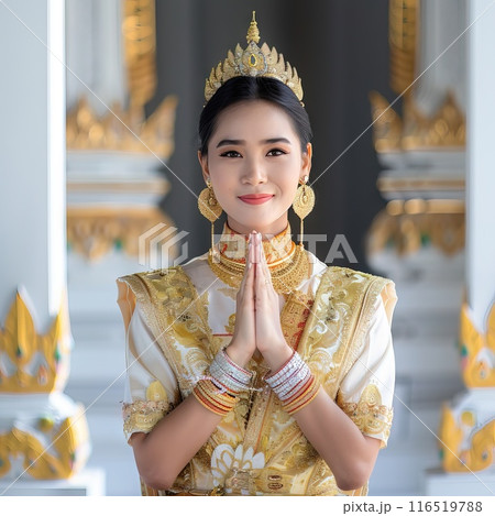Portrait Asian young female Thailand Ordination Dress with traditional style white background Generative AI 116519788