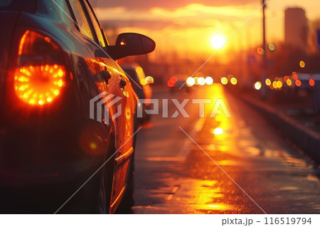 Sunset the headlights approaching car on highway Close up view from road level wheel of the car 116519794
