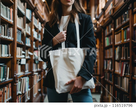 Mockup woman holding a blank white tote bag standing in a library with bookshelf Generative AI 116519796