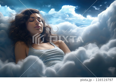 Young woman sleeping on a pillow made of soft clouds. Air dreams Soft heavenly bed Generative AI 116519797