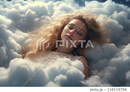 Young woman sleeping on a pillow made of soft clouds. Air dreams Soft heavenly bed Generative AI 116519798