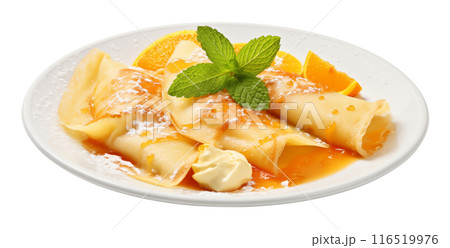 Savor the indulgent allure of Crepes Suzette, a symphony of thin pancakes bathed in a luscious, citrus-infused sauce, bringing a taste of French culinary sophistication to your palate. AI Generated 116519976