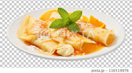 Savor the indulgent allure of Crepes Suzette, a symphony of thin pancakes bathed in a luscious, citrus-infused sauce, bringing a taste of French culinary sophistication to your palate. AI Generated 116519976
