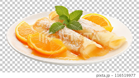 Savor the delightful freshness of Crepes Suzette, an exquisite blend of flavors, enticingly delicious and satisfying to the palate. AI Generated 116519977