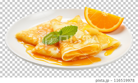 Mouthwatering delight of Crepes Suzette, a culinary masterpiece that promises a burst of fresh and flavorful goodness with every bite. AI Generated 116519978