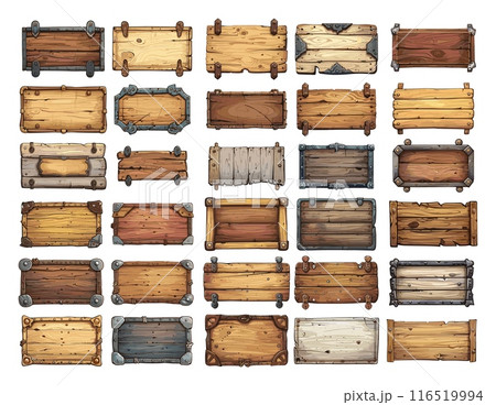 Wooden signs cartoon vector set. Woody blank rectangle medieval panels frame game ui assets banners isolated on white background 116519994