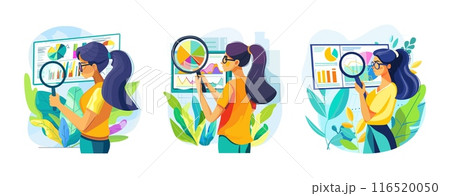 Woman holding magnifying glass evaluates graphs charts cartoon vector scenes. Young girl long hair glasses statistics marketing company customers identification audience segmentation research 116520050