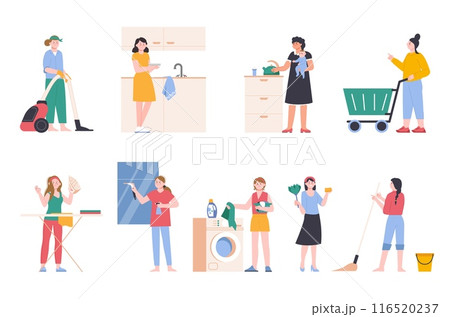 Women cleaning home. Housewives doing housework, washing clean windows cooking and ironing clothes. Householding process splendid vector set Women cleaning home. Housewives doing housework, washing clean windows cooking and ironing clothes. Householding process splendid vector set 116520237