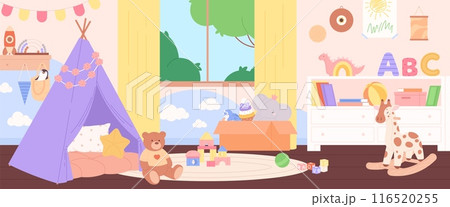 Children room with toys. Nursery interior, vigvam for play. Wooden and plush toy. Kindergarten or preschool, playzone for toddler racy vector scene 116520255