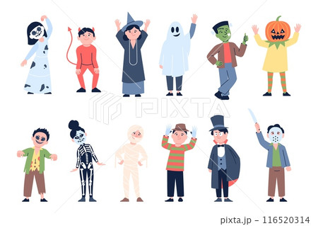 Halloween party characters. Children wearing crazy spooky costumes. Festival characters, vampire witch skeleton ghost devil, recent vector characters 116520314