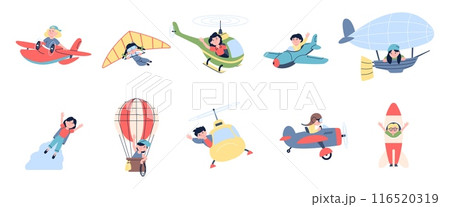 Kids fly in air transport. Children flying on plane helicopter hot air balloon and spaceship. Toddler pilots adventures, recent funny play vector set 116520319