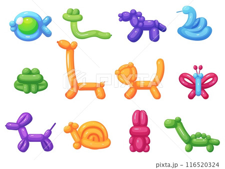 Balloon animals. Children party toys from vibrant helium balloons. Frog snake giraffe butterfly rabbit and fish. Isolated animal shapes, nowaday vector set 116520324