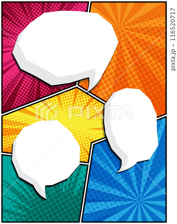 comic speech bubbles in white clouds on a vibrant pop art background 116520717