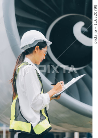 Technician fixing the engine of the airplane,Female aerospace engineering checking aircraft engines,Asian mechanic maintenance inspects plane engine 116520799