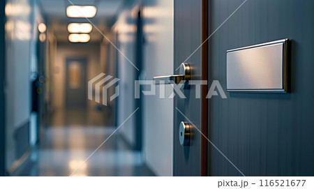 Close-up of nameplate on office door 116521677