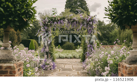 Wedding Ceremony Decorated with Lavender Flowers in the garden. Holiday concept 116521906