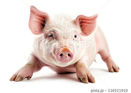 Adorable pink piglet standing on white background staring. 116521910