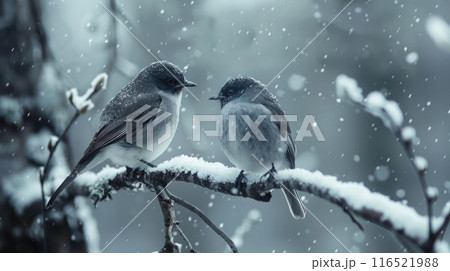 Two beautiful songbird sitting at a tree branch in the winter forest 116521988