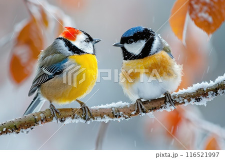 Two beautiful songbird sitting at a tree branch in the winter forest 116521997