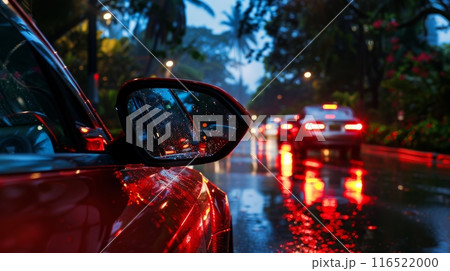 a red car seen through a rearview mirror driving on a wet street at night. 116522000