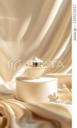 Face cream in a glass jar on a white and gold background. Skin care concept. Backdrop for beauty cosmetic products 116522017