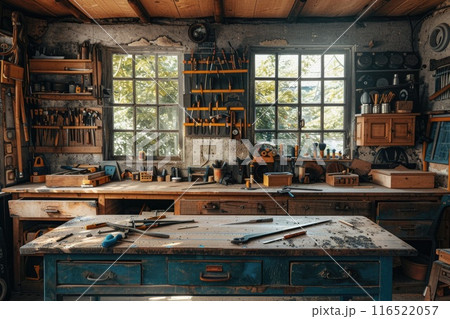 Carpentry workshop with table and workshop tools Carpentry workshop with table and workshop tools 116522057