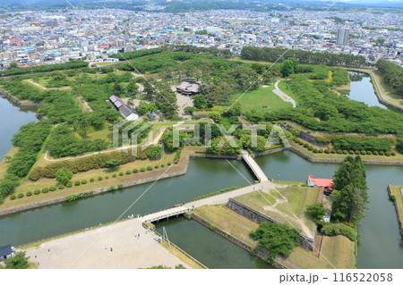 View of the star shaped Goryokaku fort from the Goryokaku tower in Hakodate city in Hokkaido Japan 116522058