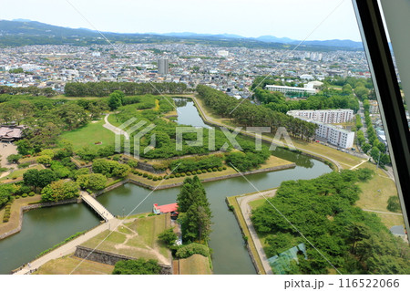 View of the star shaped Goryokaku fort from the Goryokaku tower in Hakodate city in Hokkaido Japan 116522066