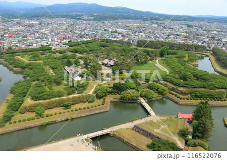 View of the star shaped Goryokaku fort from the Goryokaku tower in Hakodate city in Hokkaido Japan 116522076