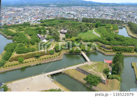 View of the star shaped Goryokaku fort from the Goryokaku tower in Hakodate city in Hokkaido Japan View of the star shaped Goryokaku fort from the Goryokaku tower in Hakodate city in Hokkaido Japan 116522079