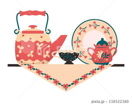 Tea tableware on shelf. Ceramic teapot. Cups with saucers. Kitchen utensil. Home shelving with porcelain mugs and plates. Floral ornament. Kettle on napkin. Vector crockery composition Tea tableware on shelf. Ceramic teapot. Cups with saucers. Kitchen utensil. Home shelving with porcelain mugs and plates. Floral ornament. Kettle on napkin. Vector crockery composition 116522160