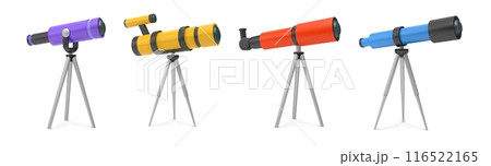 Telescope icons. Astronomy space view tool. Mobile glass lens for galaxy or universe learning. Magnification optical equipment at tripod. Astrology research. Vector 3D spyglasses set 116522165