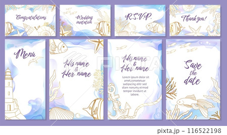 Ocean wedding invitation. Watercolor sea wave, blue summer invite card or paint party flyer, beach water. Golden decorative elements starfish, seashell, lighthouse and anchor. Vector illustration 116522198