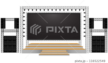 wooden stage and speaker with led screen on the truss system on the white background	 116522549
