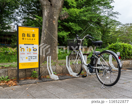 公園に設置されたシェアサイクルのステーション 116522877