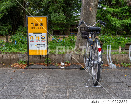 公園に設置されたシェアサイクルのステーション 116522881