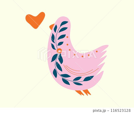 Folk ornamental bird and heart. Best for greeting card. Template vector illustration. 116523128