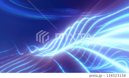 Blue glowing energy waves from small particles and lines abstract background 116523138