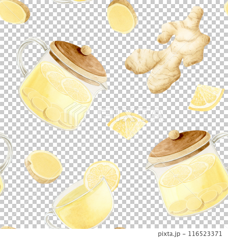 Lemon ginger tea in glass teapot and cup with slices watercolor seamless pattern on white background. Spicy organic herbal hot drink for fall and winter 116523371