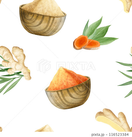 Ground turmeric and garlic powder in wooden bowls and ginger roots watercolor seamless pattern on white. Rustic background with dry natural spices for cooking, seasoning food and healthy dishes Ground turmeric and garlic powder in wooden bowls and ginger roots watercolor seamless pattern on white. Rustic background with dry natural spices for cooking, seasoning food and healthy dishes 116523384