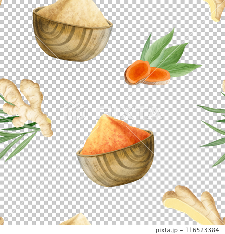 Ground turmeric and garlic powder in wooden bowls and ginger roots watercolor seamless pattern on white. Rustic background with dry natural spices for cooking, seasoning food and healthy dishes Ground turmeric and garlic powder in wooden bowls and ginger roots watercolor seamless pattern on white. Rustic background with dry natural spices for cooking, seasoning food and healthy dishes 116523384