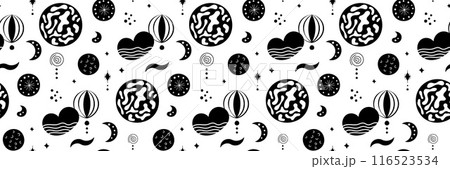 Seamless neo folk patterns with moon, cloud, sun and stars, black and white celestial design. Set Neo folk style endless backgrounds perfect for textile design. 116523534
