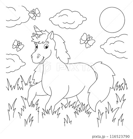 A frolicking unicorn on the grass. Coloring book page for kids. Cartoon style character. Vector illustration isolated on white background. 116523790