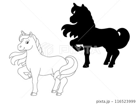 Black silhouette unicorn. Design element. Vector illustration isolated on white background. Template for books, stickers, posters, cards, clothes. 116523999
