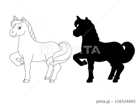 Black silhouette unicorn. Design element. Vector illustration isolated on white background. Template for books, stickers, posters, cards, clothes. Black silhouette unicorn. Design element. Vector illustration isolated on white background. Template for books, stickers, posters, cards, clothes. 116524005