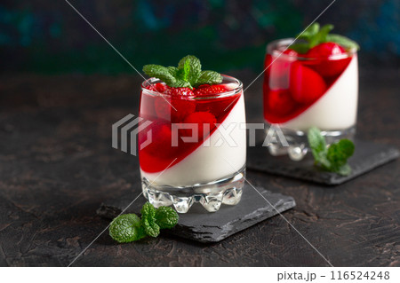 Homemade strawberry and cream panna cotta. Homemade strawberry and cream panna cotta. 116524248